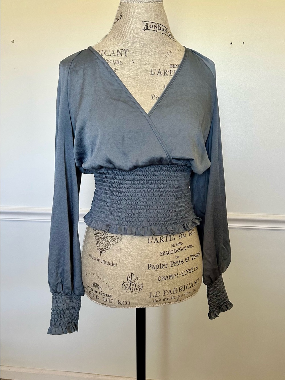 Express Slate Blue Smocked Waist V-Neck Blouse